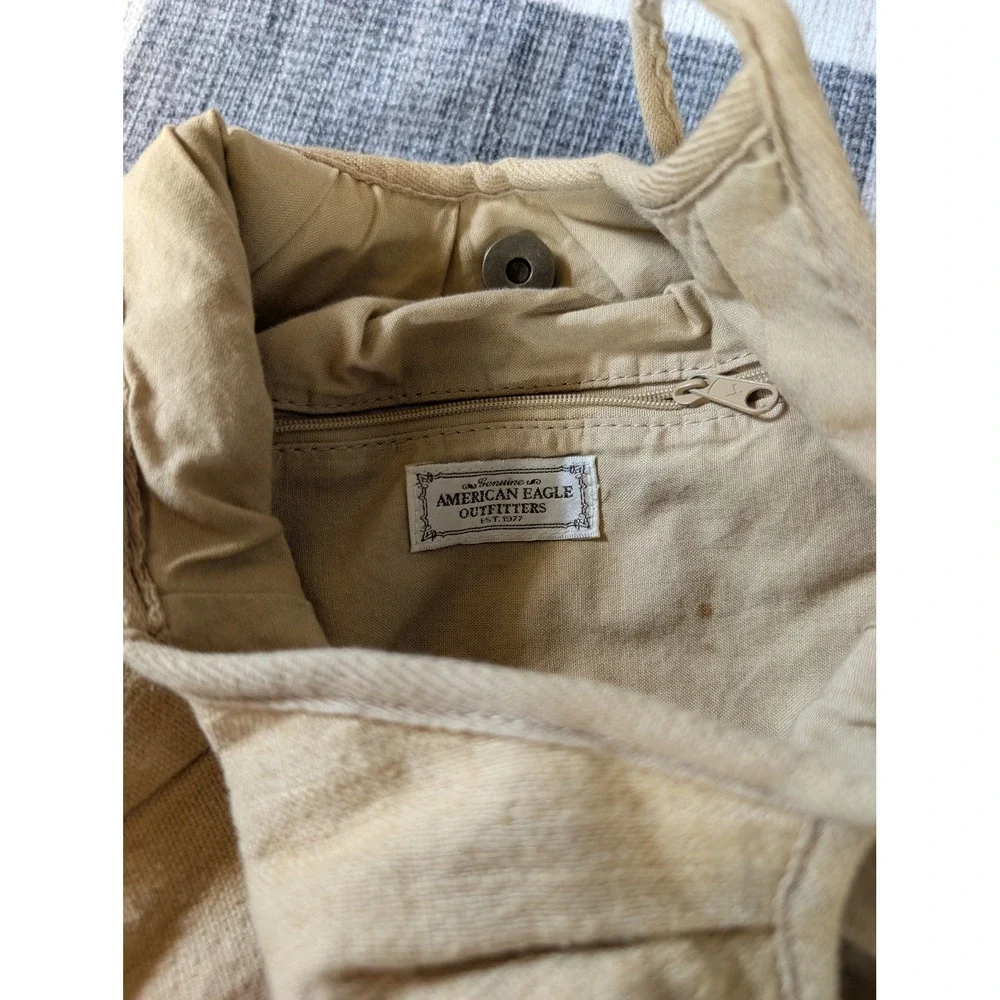 American Eagle Tan Canvas Hobo Beaded Pleated Boho Tote Slouchy Shoulder Bag Y2K